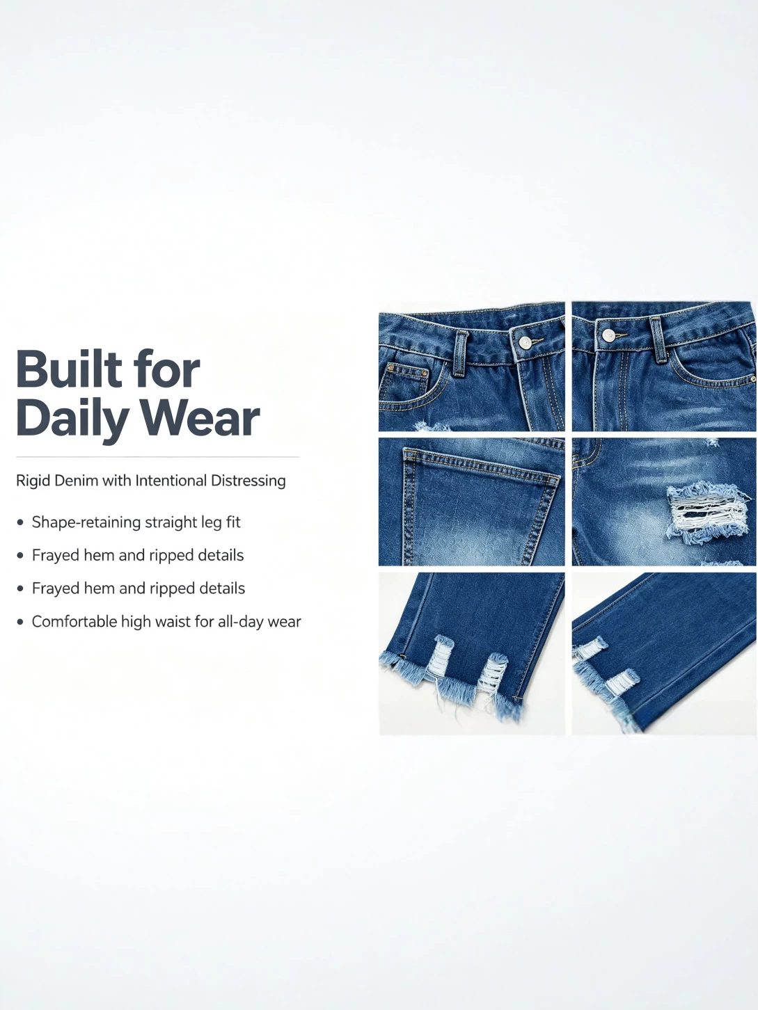 Jeans Rectos con Rasgados para Mujer de Mezclilla de Algodón con Cintura Alta