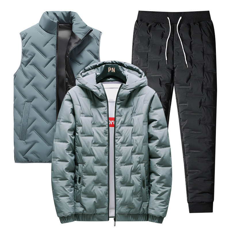 Cross-border invierno nueva ropa de algodón acolchado de tres piezas de los hombres engrosada con capucha de color sólido ropa de algodón acolchado pantalones de algodón conjunto completo juego de traje casual