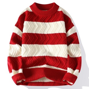 Striped Sweater Men's Autumn and Winter Trendy Ins Hong Kong Style Loose Couple's Clothing Academy Style Knitted Sweater Lazy Crewneck Sweater