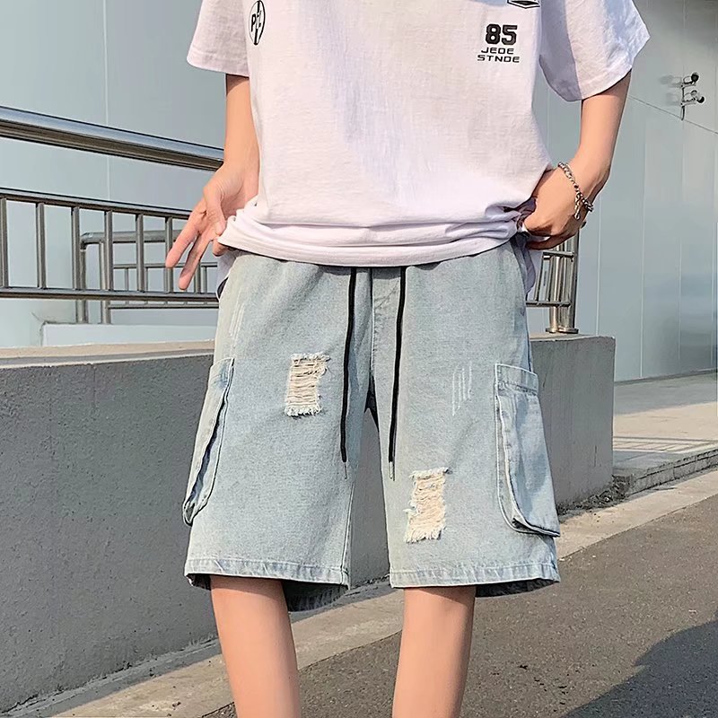 Verano hombre jeans corto coreano suelto super fuego agujero pantalones recto bf estilo de puerto pantalones de moda juvenil