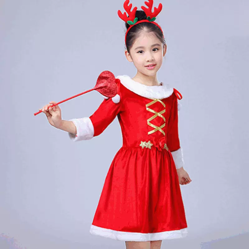 女童圣诞节服装红色连衣裙新款儿童圣诞服节日演出服元旦表演服装
