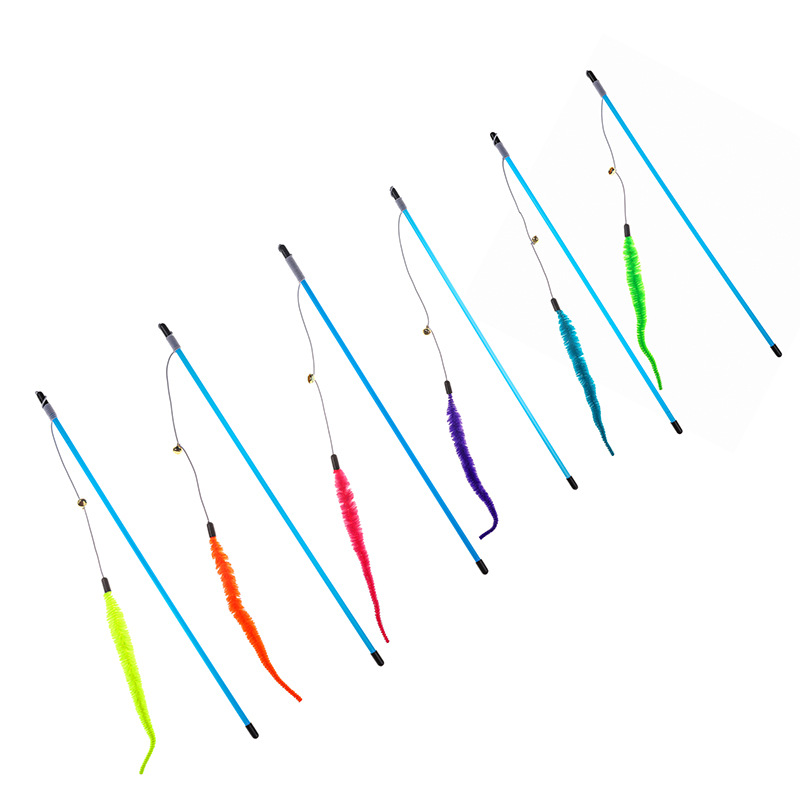 亚马逊新品猫玩具蓝杆钓鱼竿毛虫玩具六色可选逗猫棒厂家可定制