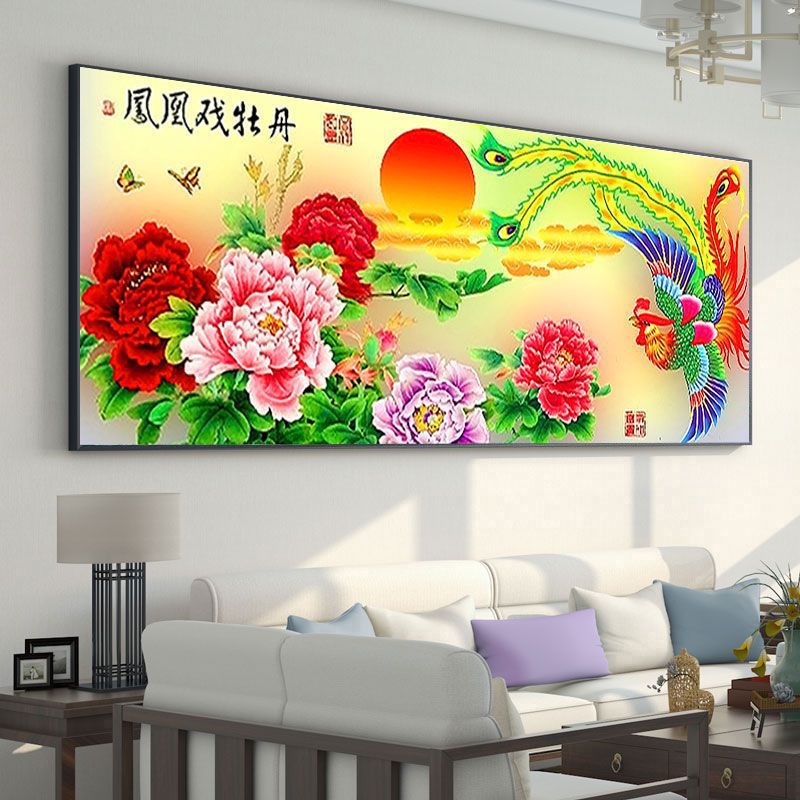 2024客厅新款凤凰戏牡丹十字绣线绣手工自己绣满绣大幅全绣一件代
