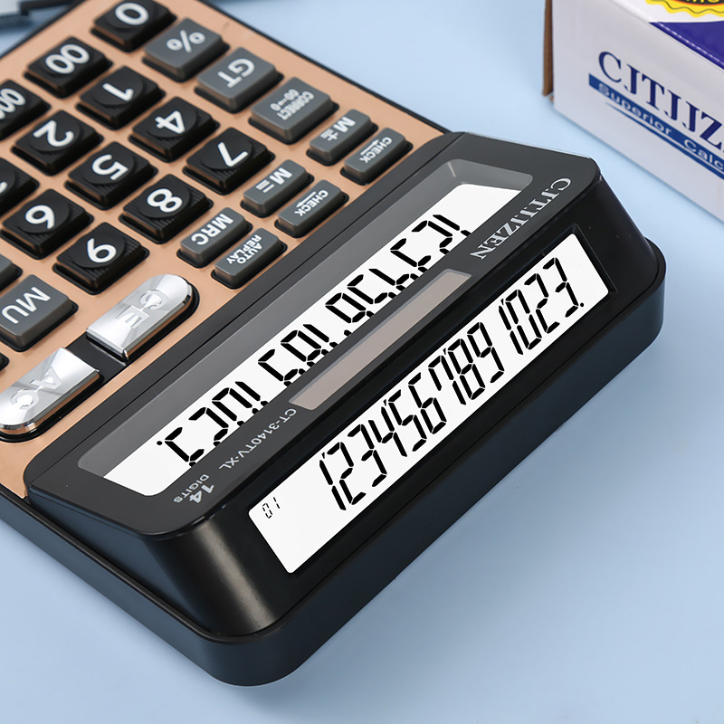 CT-3140TV multifuncional Pantalla de doble cara Ordenador de 14 bits solar de doble potencia Calculadora de oficina de contabilidad