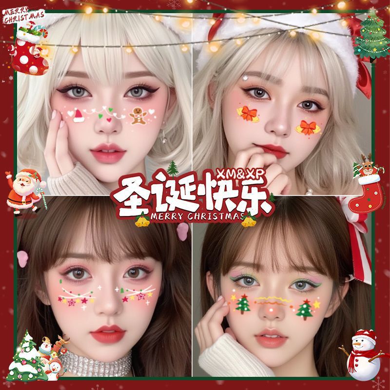 Christmas Face Sweet Girl Makeup Tattoo Cute Cartoon Christmas Tree Kidsren's Holiday Atmosphere Party Face Sticker Snow