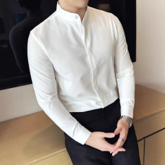 高级感白衬衫男立领暗扣修身长袖西服打底衬衣商务通勤中山领寸衫