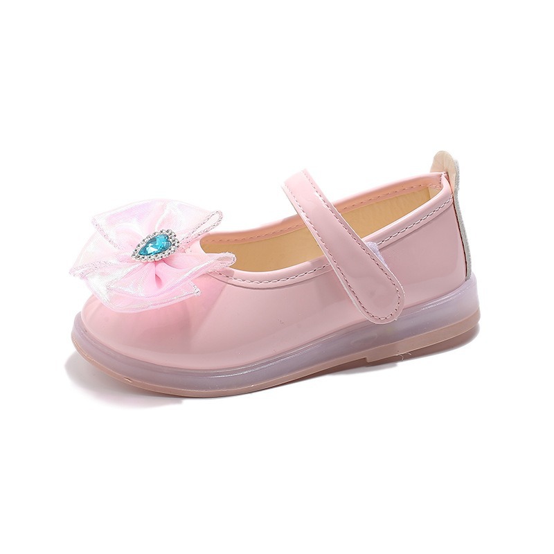 Zapatos de princesa de niñas 2025 primavera nuevo arco de diamante de arco parpadeante zapatos de cuero cuadrados de niña