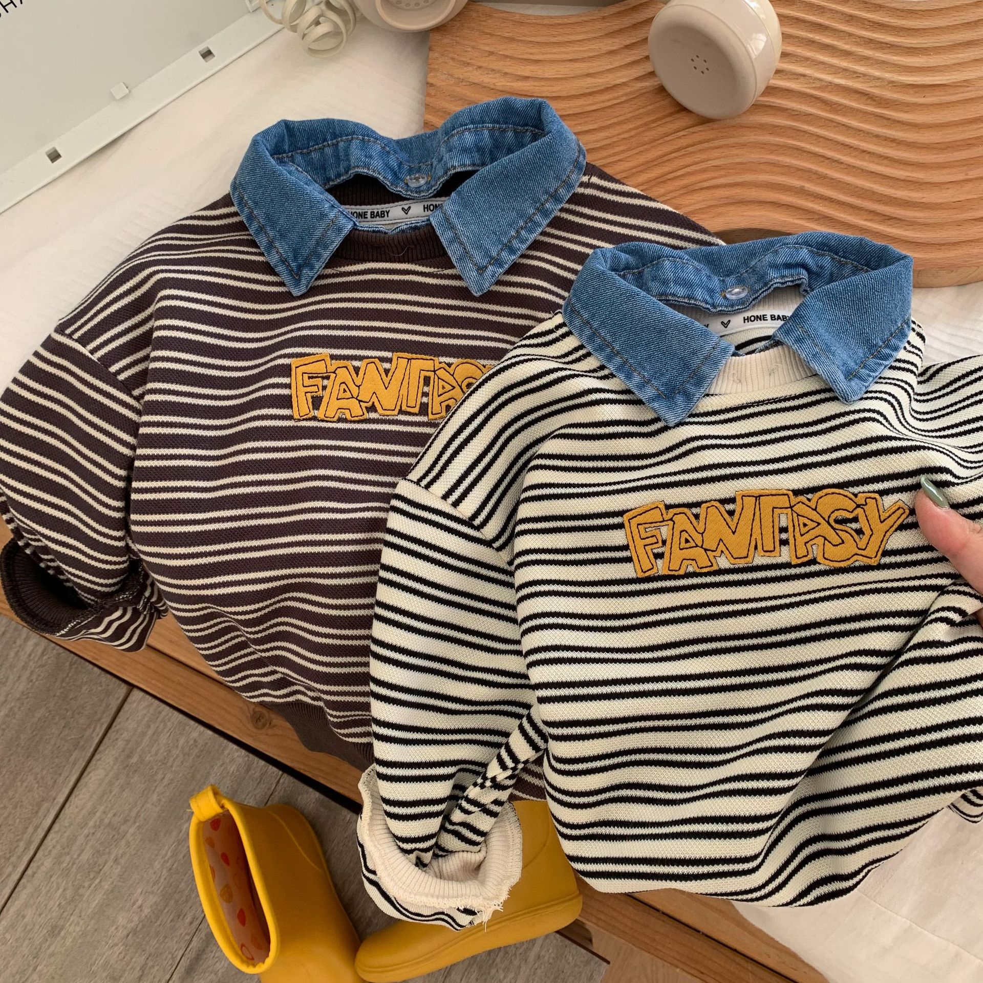 Felpa con cappuccio per bambini 2023 Bangcheng Autunno Ragazzi A Righe Cowboy Collo Con Cappuccio Bambino Casual Top C0213_voghion.com