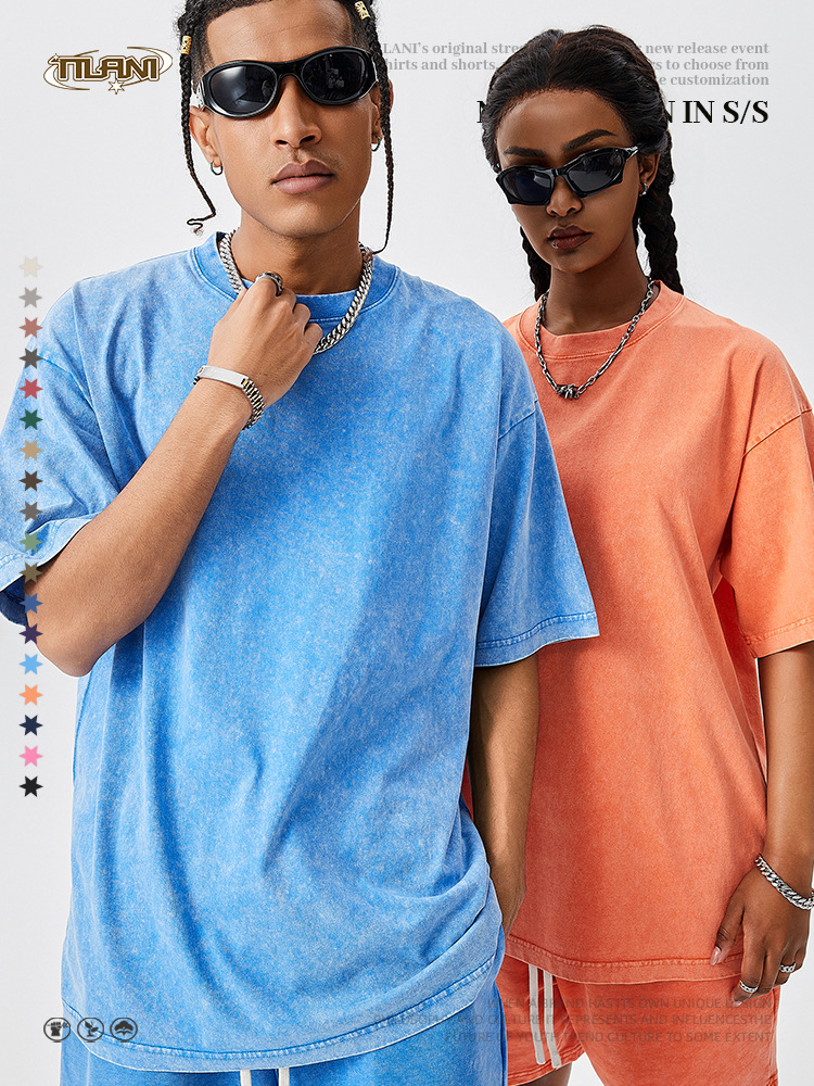 TILANI Summer Youth Trendy Brand Camiseta de manga corta para hombre Camiseta de manga corta de algodón lavado retro pesado para hombre