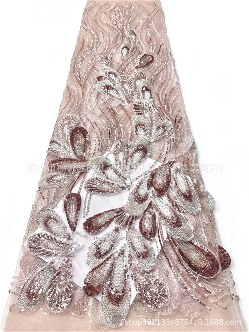 Peacock pluma bordada a mano tela de malla de perlas tamaño de perla pieza de tubo mezcla costura ligera de lujo banquete anfitrión vestido de tela image 9