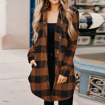 wish歐美跨境外貿秋季女裝氣質休閑格子都市休閑百搭寬松版外套