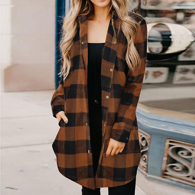 wish歐美跨境外貿秋季女裝氣質休閑格子都市休閑百搭寬松版外套