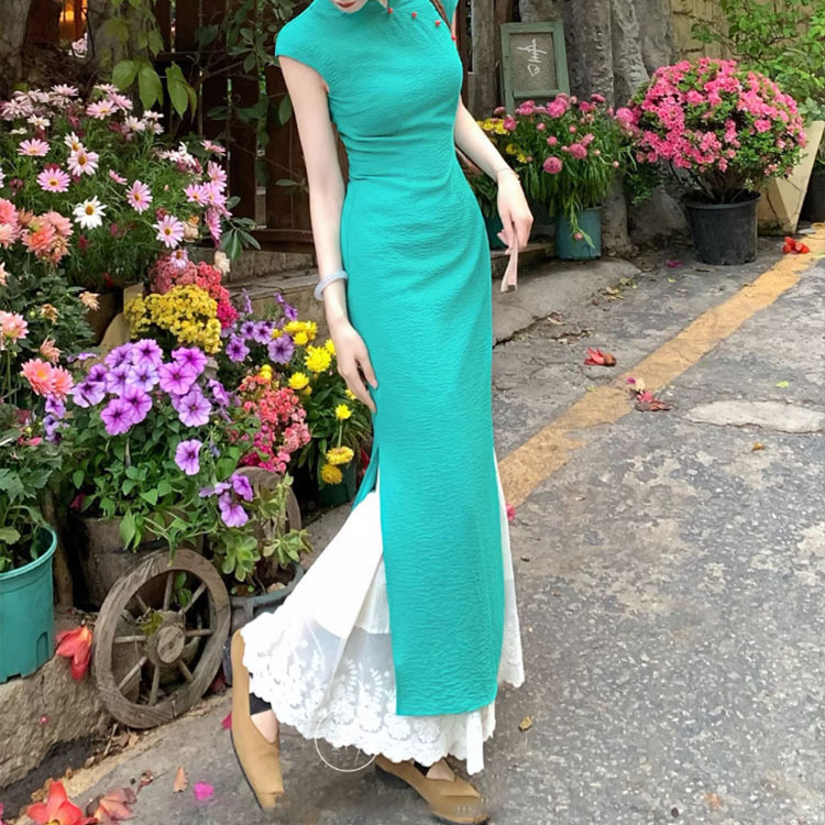 Bicheng Chunqu' New Chinese Style Ice Silk Wrinkle Improved Qipao Women's Spring and Summer Bright and Beautiful Dress
