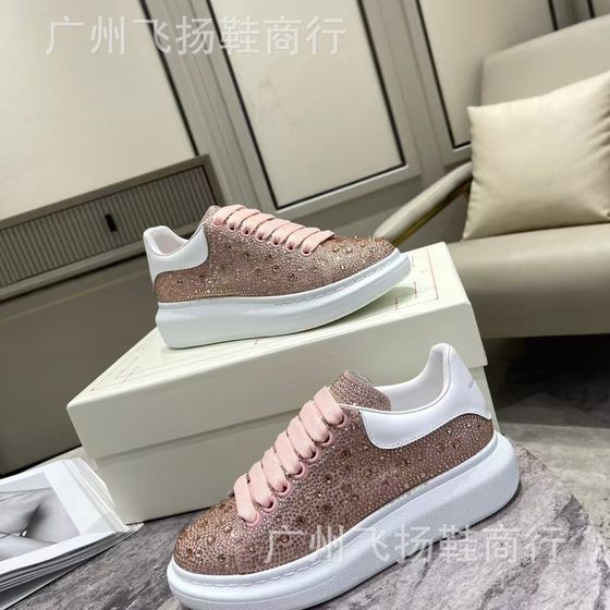 McQueen New Rhinestone White Shoes Women's European Station Platform Height Increasing Casual Lace-up Leather Sneakers Men's Trendy Shoes
