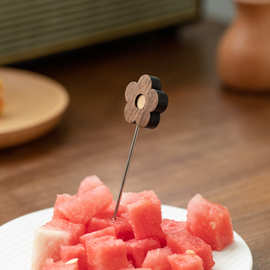 日式水果叉 卡通实木水果签 不锈钢水果叉套装 蛋糕小叉子批发