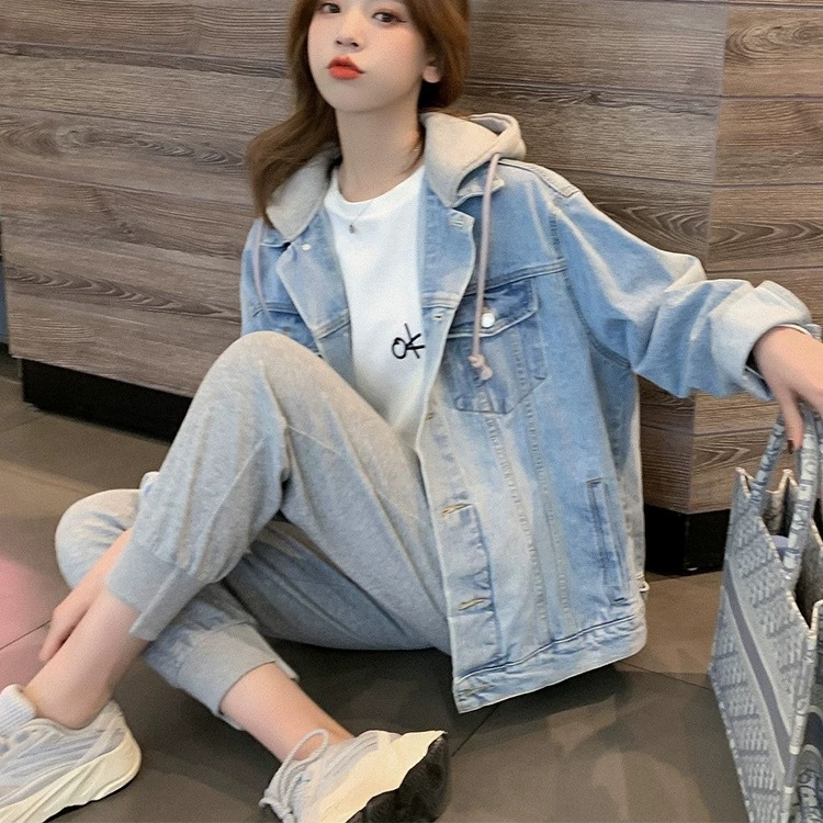 2026 Spring and Autumn New Korean Style Loose Casual Versatile Top Jacket Bf Petite Hooded Denim Jacket for Women