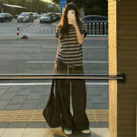 美式复古条纹短袖长裤套装女夏季学生韩版宽松百搭两件套