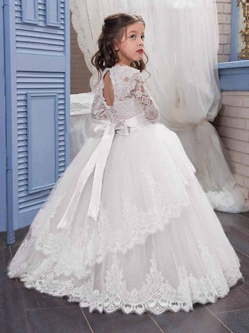 Comercio exterior transfronterizo nuevo encaje doble manga larga invierno bola flor chica pettiskirt vestido de novia entrega de una sola pieza