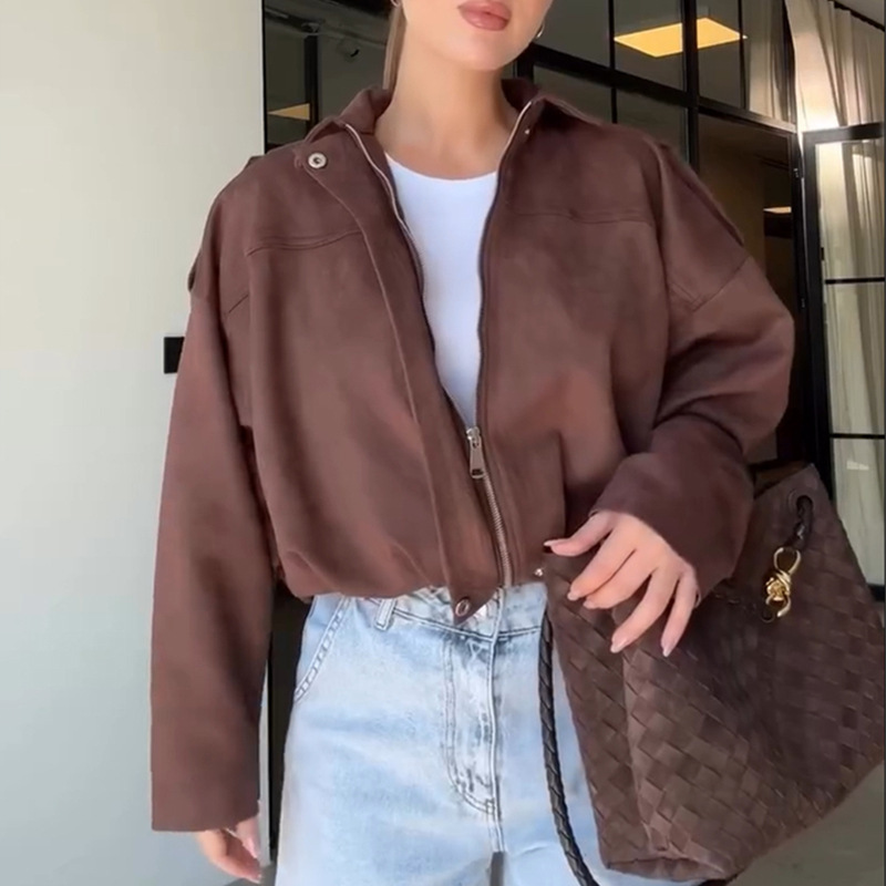 欧美跨境女装2025秋冬新款时尚宽松绒面质感飞行员夹克短外套上衣|undefined