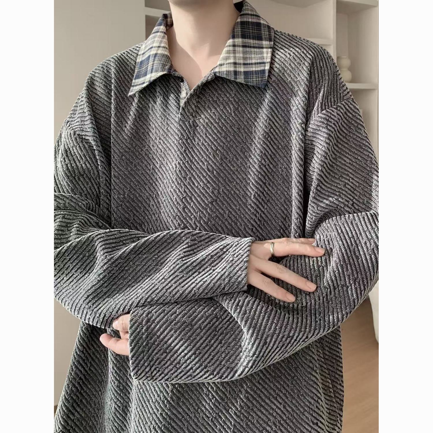 假两件长袖t恤针织polo衫男款宽松大码春秋季翻领卫衣美式打底衫