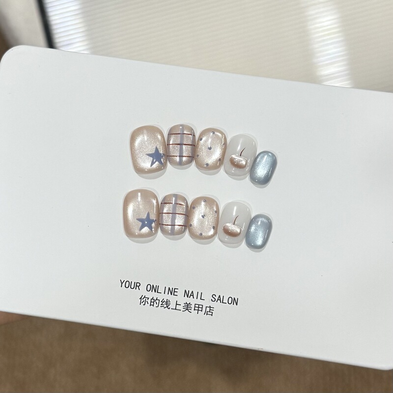 【Mist Blue Star Peach】Star Cherry Glass Bead Cat Eye Korean Style Checkered Detachable False Nails 【Mist Blue Star Peach】Star Cherry Glass Bead Cat Eye Korean Style Checkered Detachable False Nails