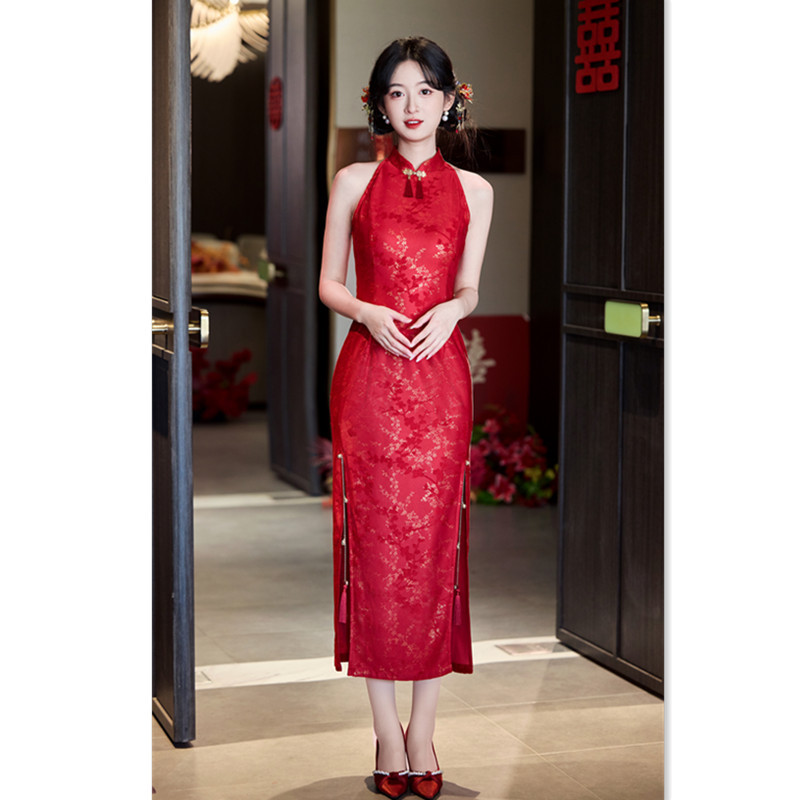 Red Lace Long Neck Open Shoulder Sexy Wedding Banquet Cheongsam Toast Dress 2025 Summer New Bridal Engagement Cheongsam Dress