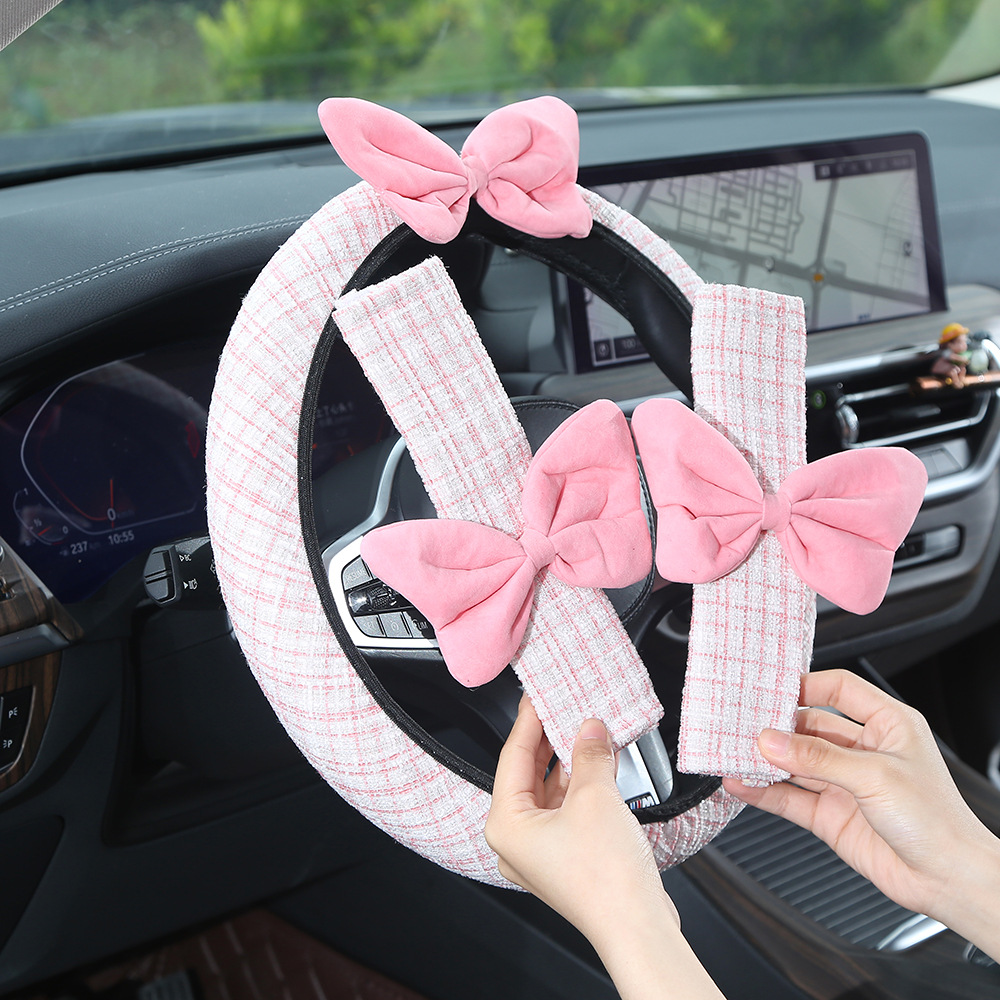 Chanel-style red bow car steering wheel cover, textured and non-slip, suitable for all seasons, women's car interior accessory set