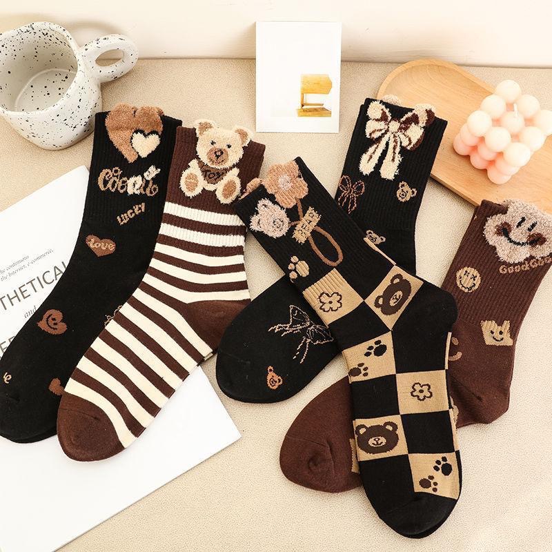 Socks, autumn and winter, coffee color, ins, little bear feathers, ladies' net red middle tube, cute three-dimensional_voghion.com