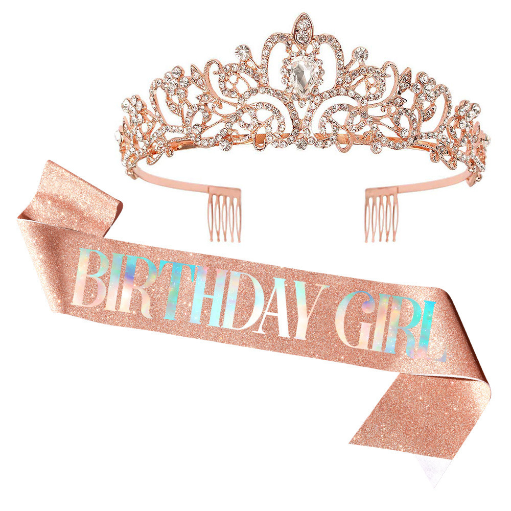 Rosa de la muchacha etiqueta cinturón oro rosa decoración fiesta cumpleaños props Correa hombro corona reina cinta traje regalo