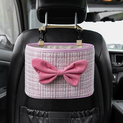 Car storage bag/box — hanging bag, houndstooth pattern - pink-chanel-style-large-pink-bow-storage-bin