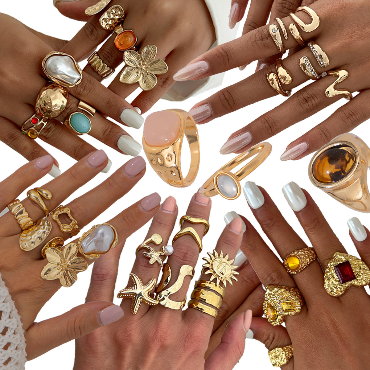 European and American Cross-Border Ins Minimalist Style Irregular Gemstone Ring Set for Women, Unique Metal Texture Rings