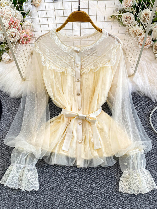 French-Style Gentle Lace Splicing Mesh Flared Sleeve Shirt for Women, Autumn and Winter Light Luxury Socialite Waist-Cinching Casual Jacket French-Style Gentle Lace Splicing Mesh Flared Sleeve Shirt for Women, Autumn and Winter Light Luxury Socialite Waist-Cinching Casual Jacket