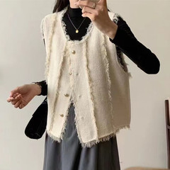 日本の小さな香りのタッセルニットベスト女性のための 2025 新作春シャツレイヤードセーターベストトップベスト
