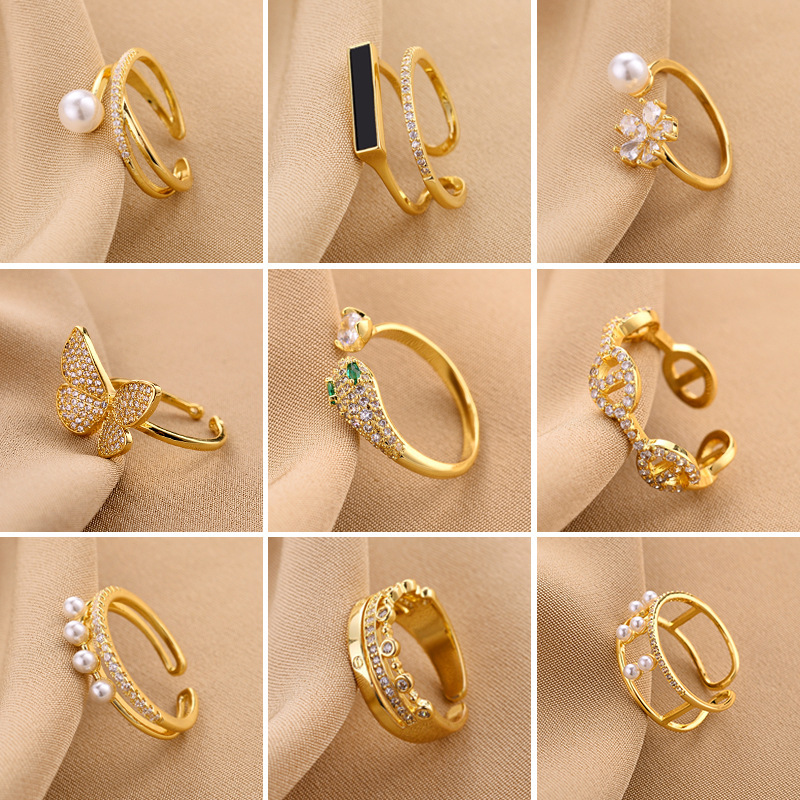 Cross-Border Niche Design Korean Style Personalized High-End Ring Women's Light Luxury Pearl Zircon Open Ring Ring Jewelry