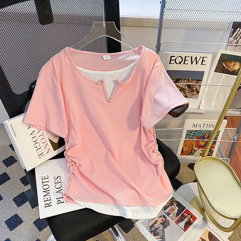 Nuevo algodón falso de dos piezas de empalme de color contraste blusa de manga corta hombro de verano delgado nicho camiseta dulce mujer