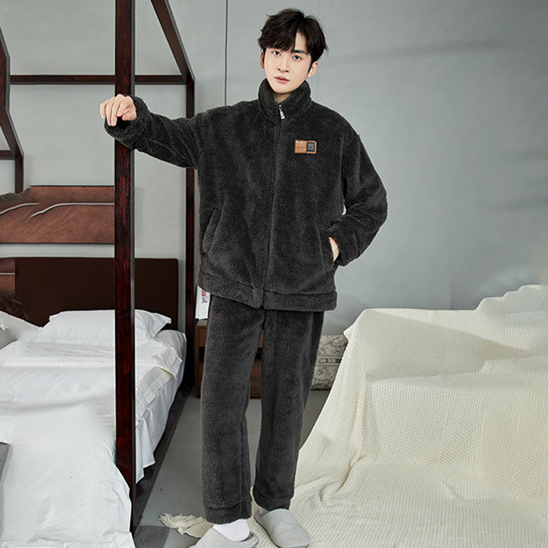 가을 겨울 남성용 잠옷 플러스 벨벳 두꺼운 플란넬 산호 벨벳 홈웨어 가디건 따뜻하고 착용 가능한 남성 정장