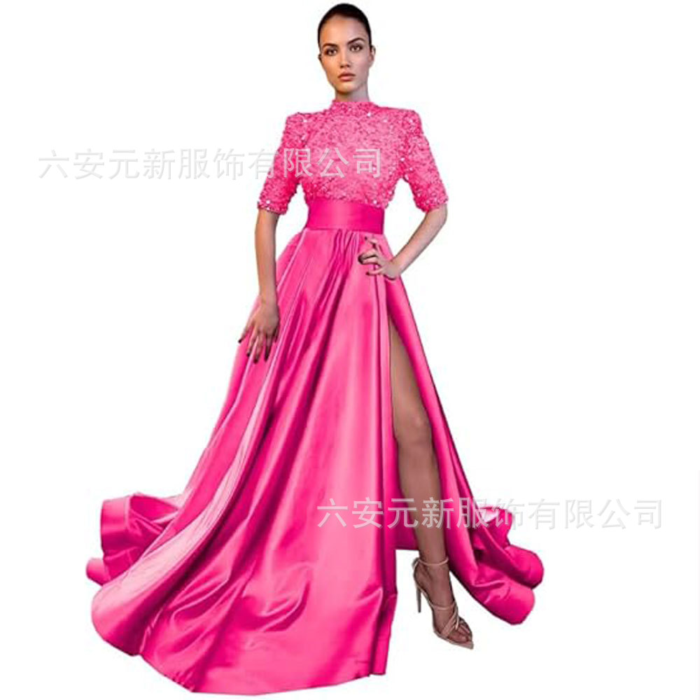 Europeo y americano Amazon AliExpress vestido de fiesta media manga lentejuelas satén vestido de noche A-line vestido de fiesta de hendidura image 14