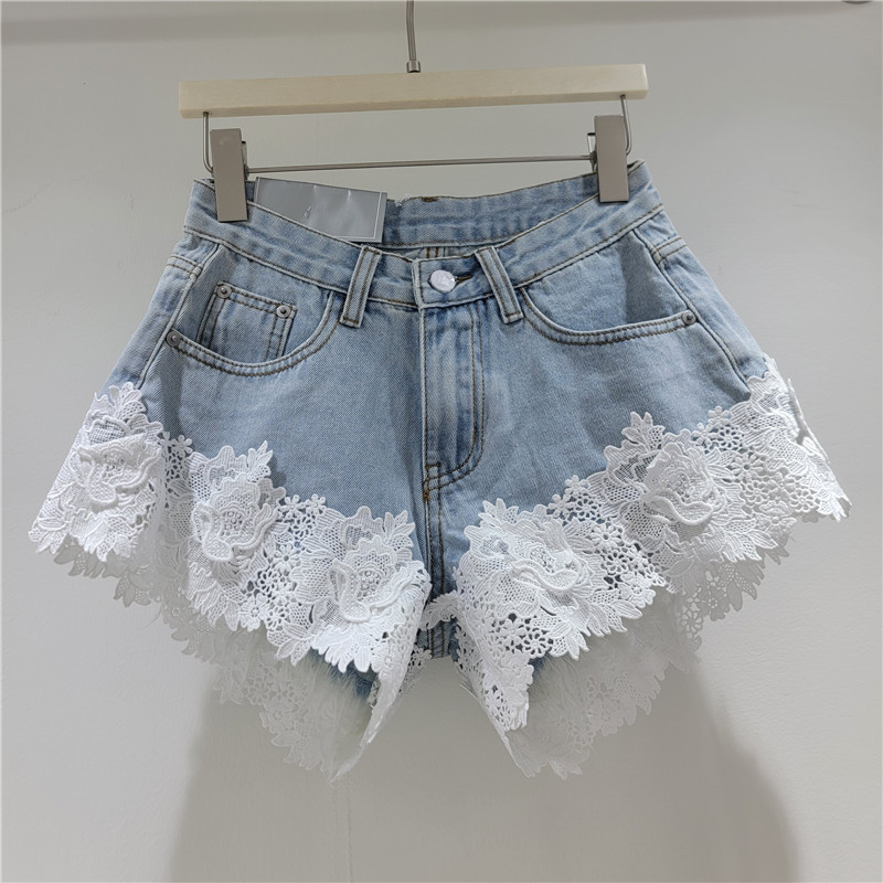 Pantalones Cortos de Mezclilla Corte A con Empalme de Encaje para Verano
