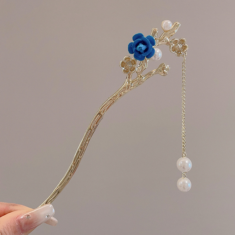 2 ¿ horquilla colgante de flores azules de rebaño - dorada (en bolsas)