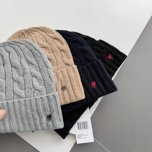 Rl Pony Logo Versatile Couple Embroider Autumn and Winter Polo Knitted Hat Twist Warm and Cold-Proof Pullover Cold Hat Cross-Border