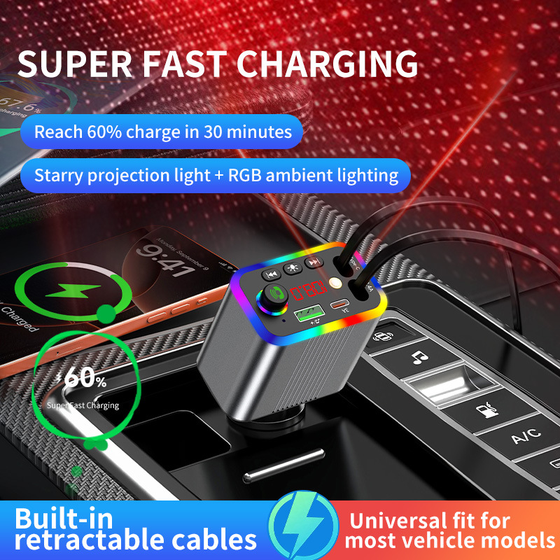 R4R6 Car Bluetooth MP3 Player comes with a retractable cable and supports fast charging for mobile phones, 2026 new model, foreign trade supply