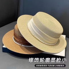 新しいフレンチレトロ麦わら帽子社交家スタイルフラットトップハット夏の女性の旅行日焼け止め大きなつば通気性日よけ帽子