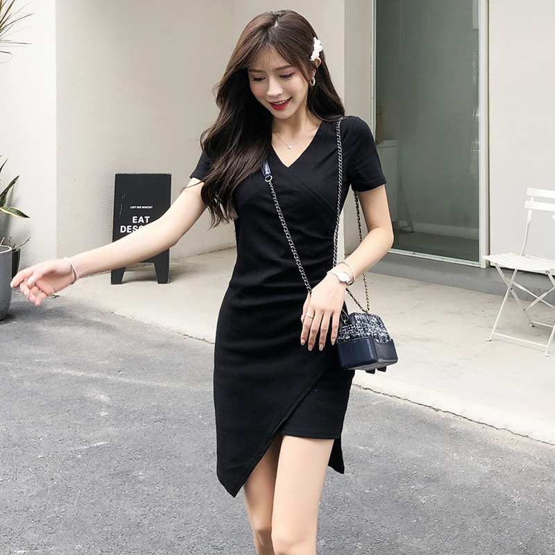 French-Style Irregular Dress for Women, Summer Slim-Fit Short Dress, 2026 New Model, Ribbed Cotton Slit Little Black Dress, Solid Color Top