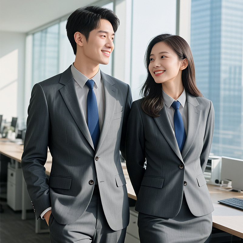 Gray suit set for men, professional formal wear for spring and autumn, slim-fit business attire for men and women, suitable for 4S stores and real estate sales work uniforms