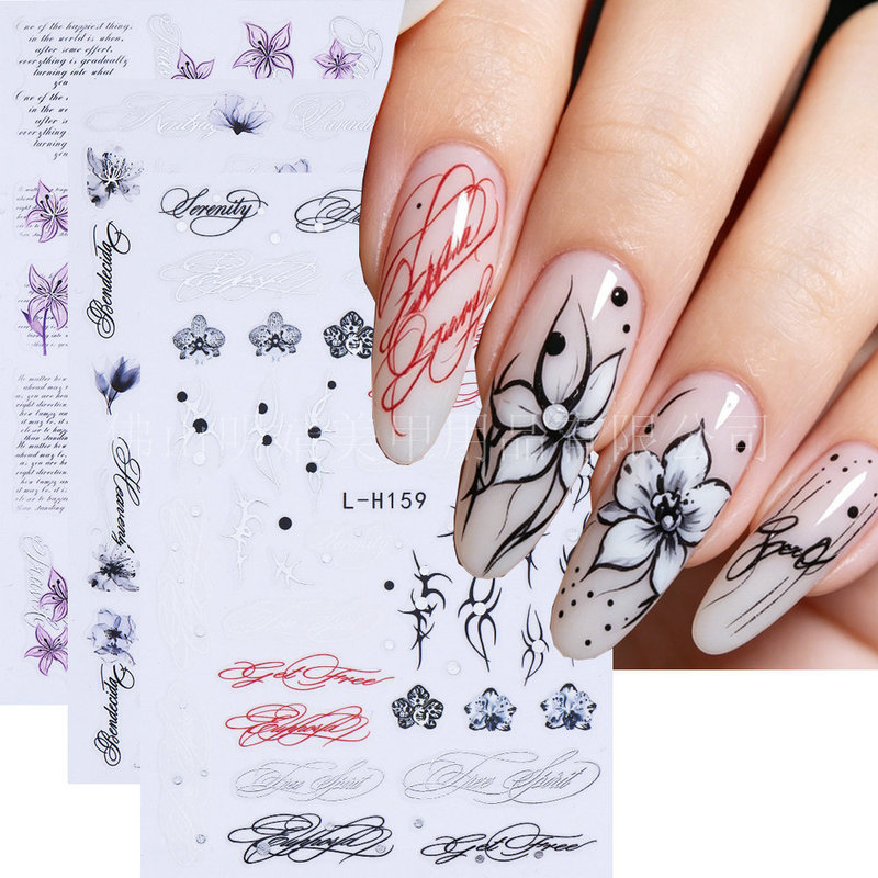 Artistic Style Handwritten English Font Nail Stickers with Butterfly and Flower Designs, Korean Style Pure and Luxurious Nail Decoration Stickers