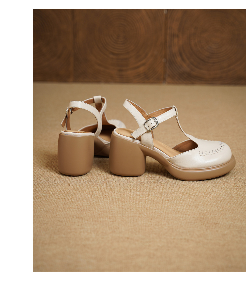 Sandal cao gót nữ quai ngang mũi nhọn da bò thật, gót 8 cm đế dày — đen chi tiết 14