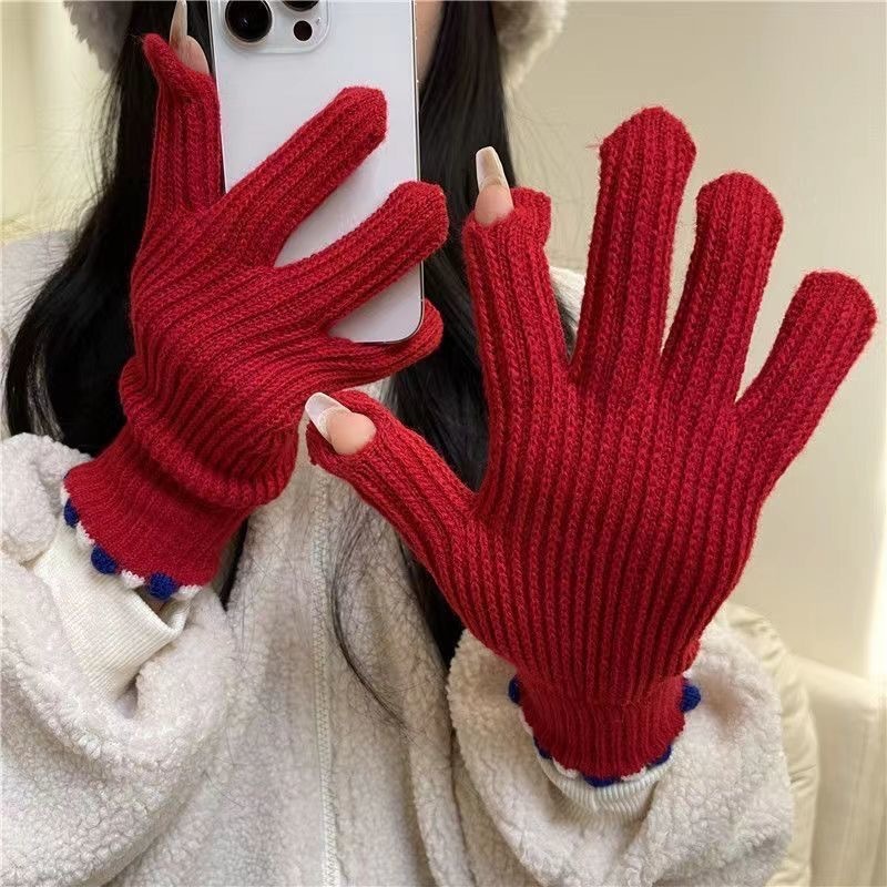 新款加绒加厚保暖雪人刺绣可触屏手套中大童女士冬季针织防寒手套|undefined