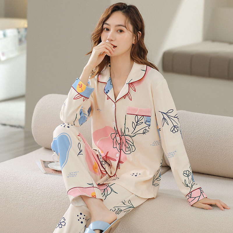 Traje % Pijama de algodón de manga larga impresa casual suelta primavera y otoño delgada ropa de aire acondicionado ropa para el hogar se puede usar fuera