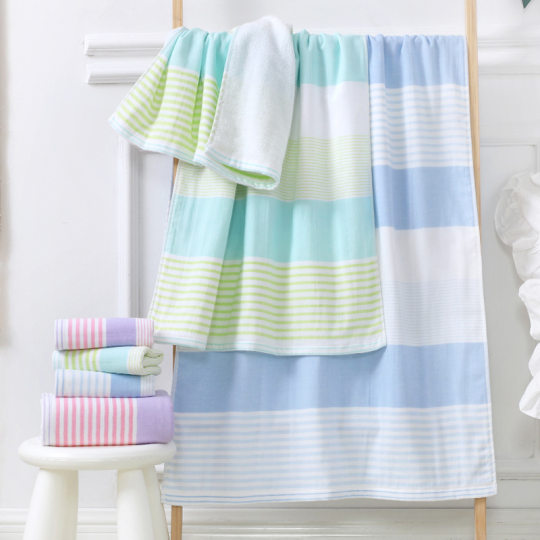 Fine color stripe cotton bath towel absorbent bath towel adult hotel gift wholesale half Terry half gauze beach towel