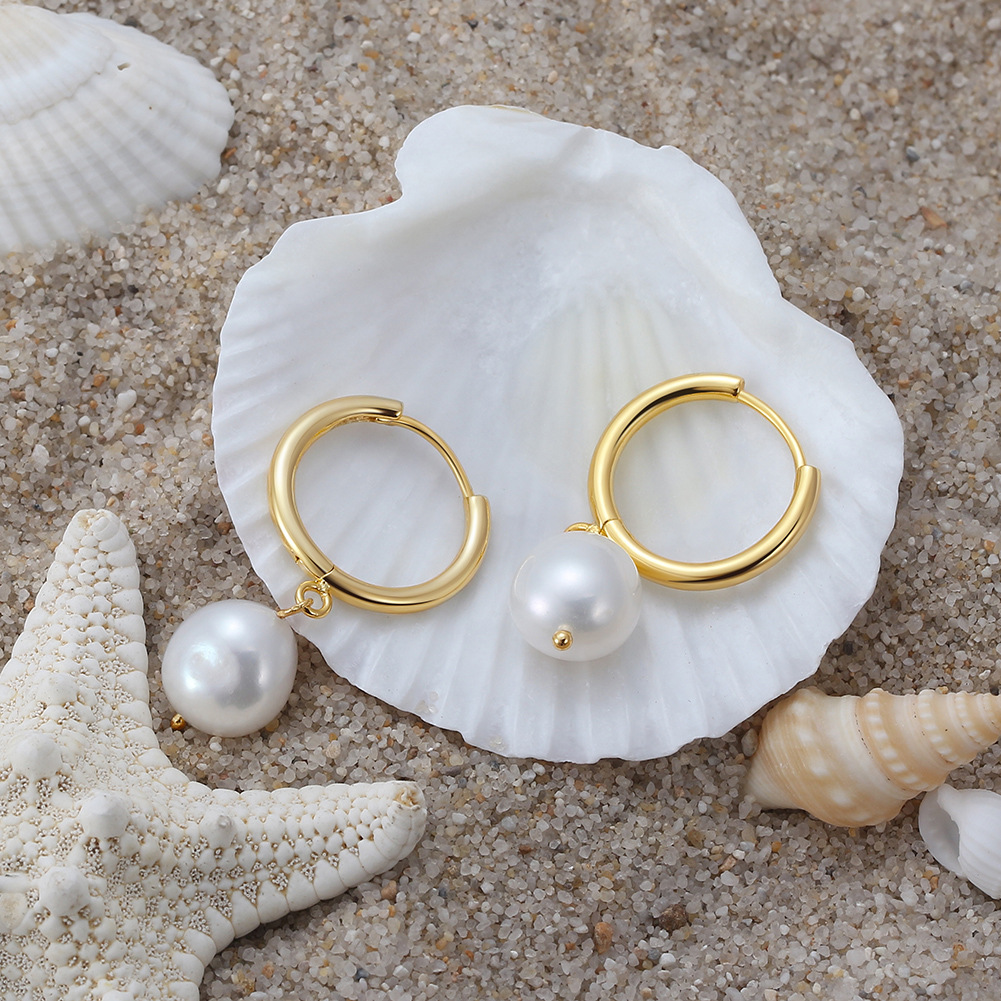 925 Sterling Silver, Freshwater Pearl Material Round Pattern Women'S Gender 1 Pair 925 Sterling Silver Freshwater Pearl Round Drop Earrings